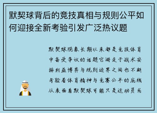 默契球背后的竞技真相与规则公平如何迎接全新考验引发广泛热议题